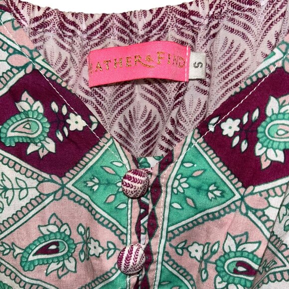 Feather & Find burgundy green block print asymmetrical hem dress S - Picture 2 of 8